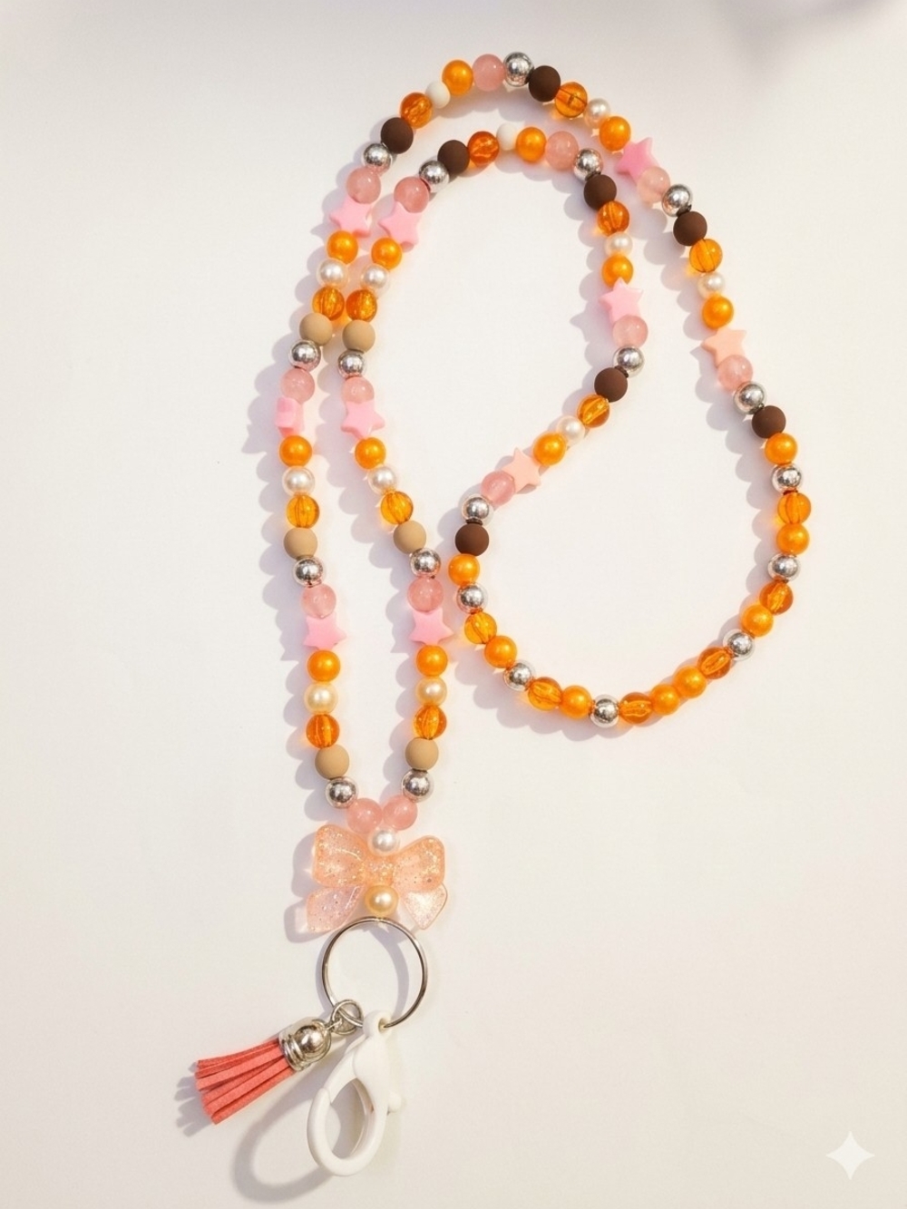 Beaded Lanyard Necklace with Pink Bow & Orange Beads